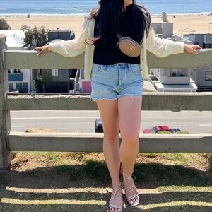 Madewell Relaxed Fit Light Wash Distressed Hem Button Fly Denim Shorts Size 26